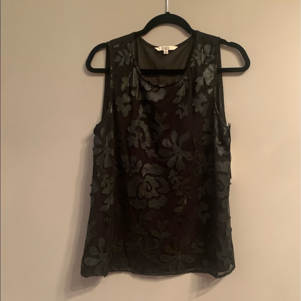 Black sleeveless shirt with faux leather appliqués